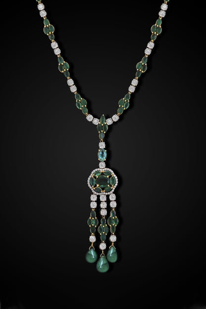 14kt Yellow Gold Finish Diamond & Green Stone Long Necklace