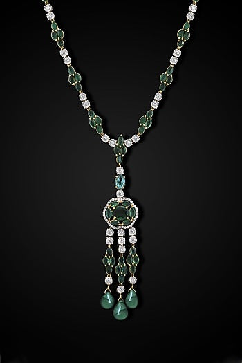 14kt Yellow Gold Finish Diamond & Green Stone Long Necklace