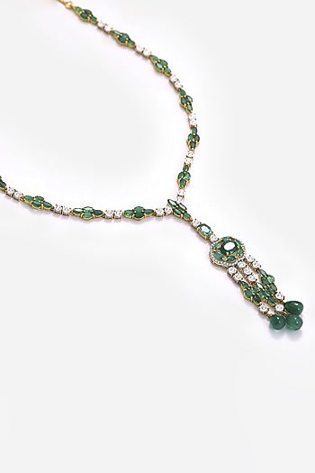 14kt Yellow Gold Finish Diamond & Green Stone Long Necklace