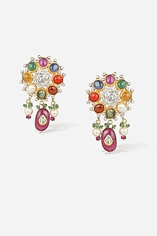 14kt Yellow Gold Finish Diamond & Navratna Stone Earrings