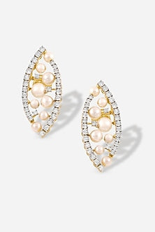 18kt Yellow Gold Finish Diamond & Pearl Oval-Shaped Earrings