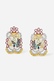 14kt Yellow Gold Finish Polki Diamond Enameled Bird Earrings