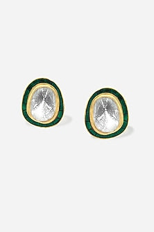 22kt Yellow Gold Finish Polki Diamond & Green Stone Earrings
