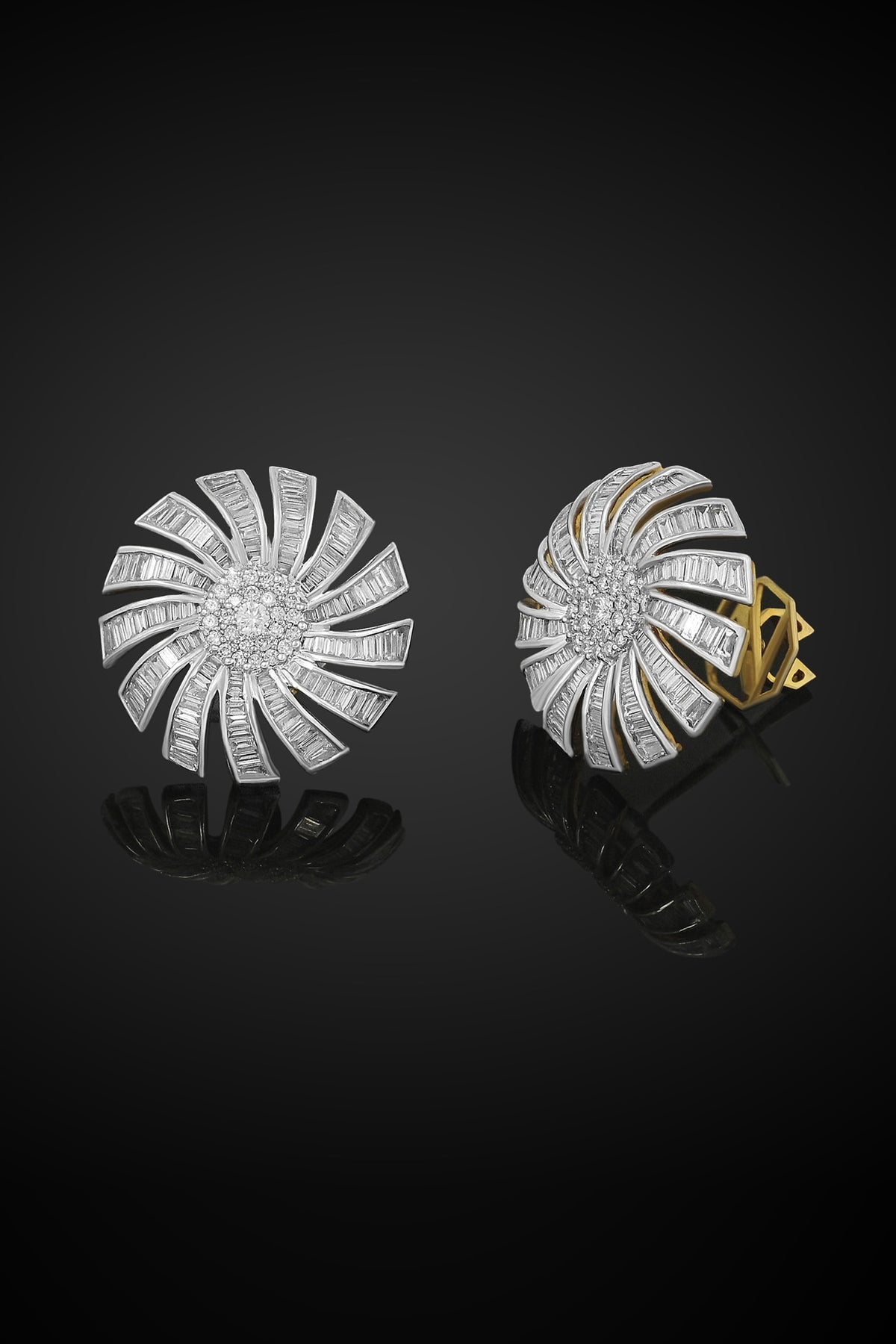 18kt Yellow Gold Finish Baguette & Round-Shaped Diamond Stud Earrings