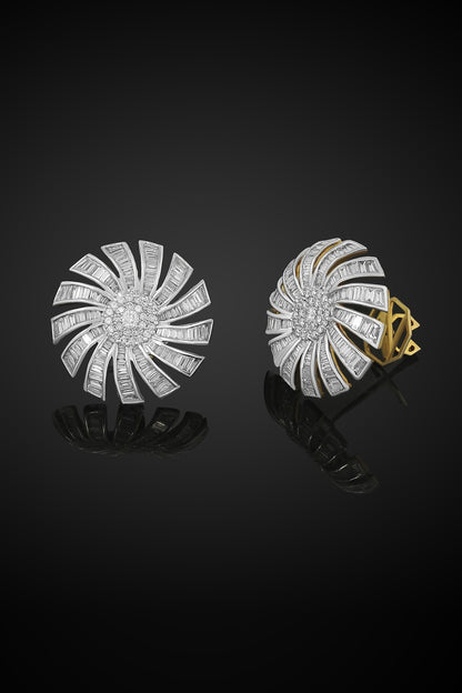 18kt Yellow Gold Finish Baguette & Round-Shaped Diamond Stud Earrings
