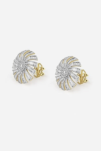18kt Yellow Gold Finish Baguette & Round-Shaped Diamond Stud Earrings