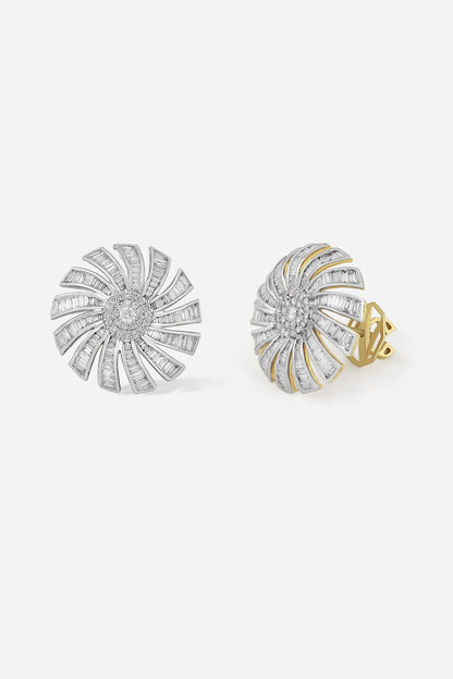 18kt Yellow Gold Finish Baguette & Round-Shaped Diamond Stud Earrings