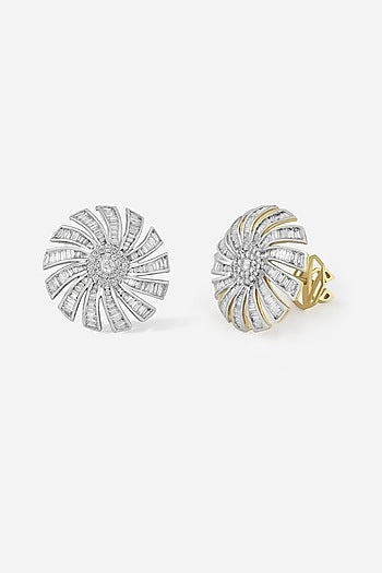 18kt Yellow Gold Finish Baguette & Round-Shaped Diamond Stud Earrings
