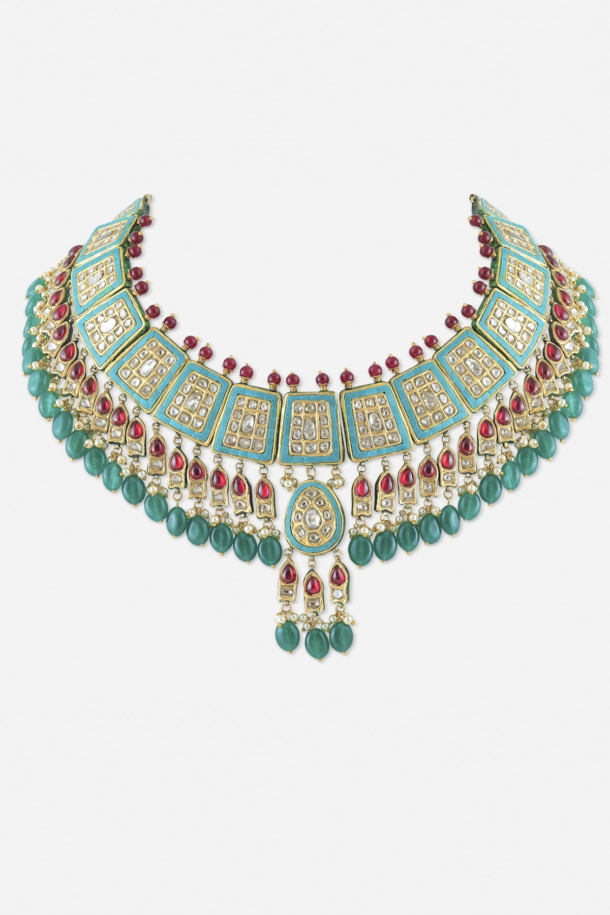 18kt Yellow Gold Finish Kundan Polki & Green Gemstone Enameled Jadau Necklace