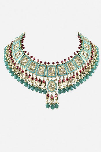 18kt Yellow Gold Finish Kundan Polki & Green Gemstone Enameled Jadau Necklace