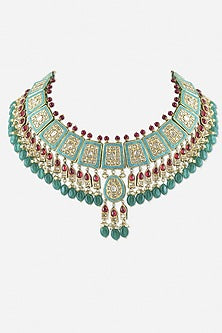 18kt Yellow Gold Finish Kundan Polki & Green Gemstone Enameled Jadau Necklace