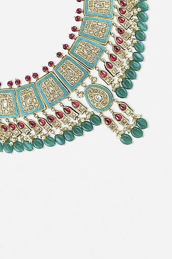 18kt Yellow Gold Finish Kundan Polki & Green Gemstone Enameled Jadau Necklace