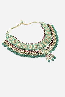 18kt Yellow Gold Finish Kundan Polki & Green Gemstone Enameled Jadau Necklace