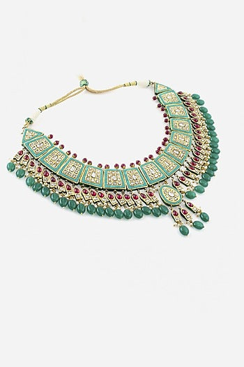 18kt Yellow Gold Finish Kundan Polki & Green Gemstone Enameled Jadau Necklace