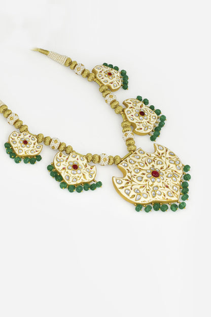 18kt Yellow Gold Finish Kundan Polki & Green Beaded Jadau Necklace