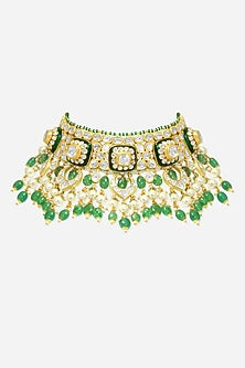18kt Yellow Gold Finish Kundan Polki & Emerald Drop Enameled Jadau Necklace