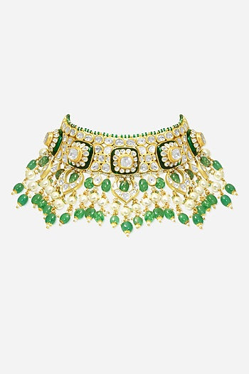 18kt Yellow Gold Finish Kundan Polki & Emerald Drop Enameled Jadau Necklace