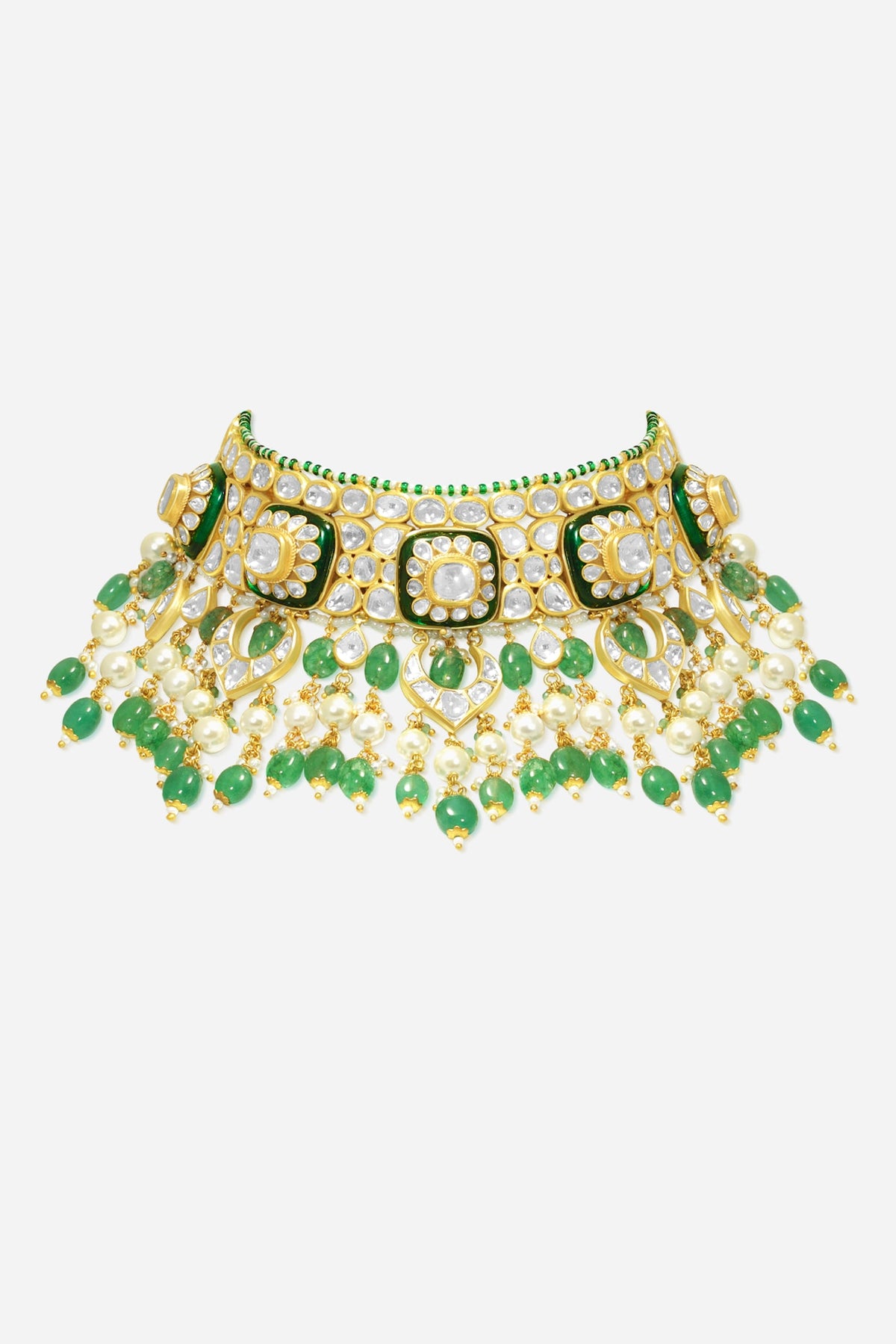 18kt Yellow Gold Finish Kundan Polki & Emerald Drop Enameled Jadau Necklace