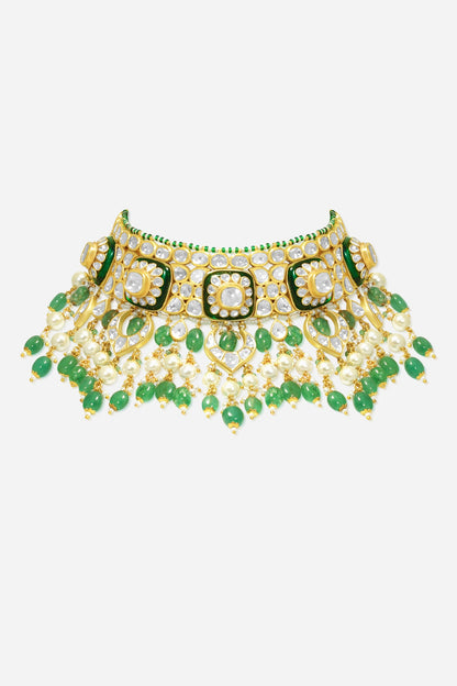 18kt Yellow Gold Finish Kundan Polki & Emerald Drop Enameled Jadau Necklace