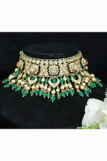 18kt Yellow Gold Finish Kundan Polki & Emerald Drop Enameled Jadau Necklace