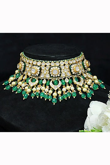 18kt Yellow Gold Finish Kundan Polki & Emerald Drop Enameled Jadau Necklace