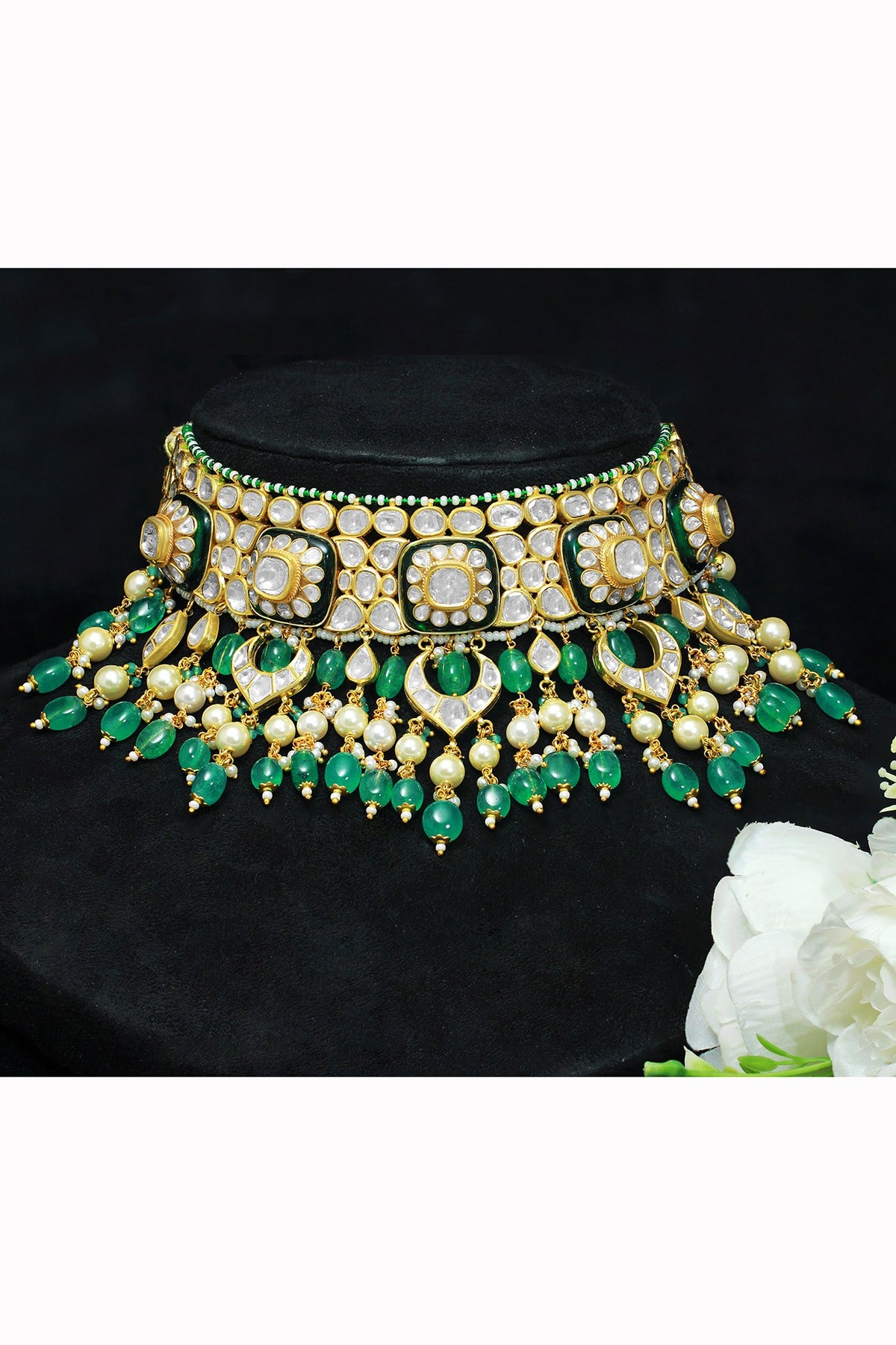 18kt Yellow Gold Finish Kundan Polki & Emerald Drop Enameled Jadau Necklace