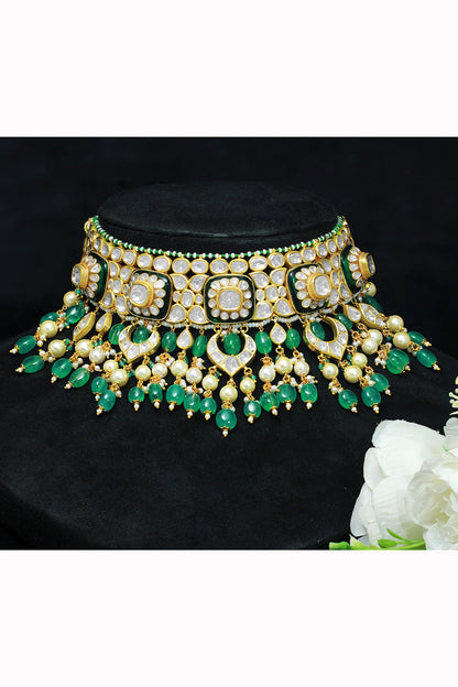 18kt Yellow Gold Finish Kundan Polki & Emerald Drop Enameled Jadau Necklace