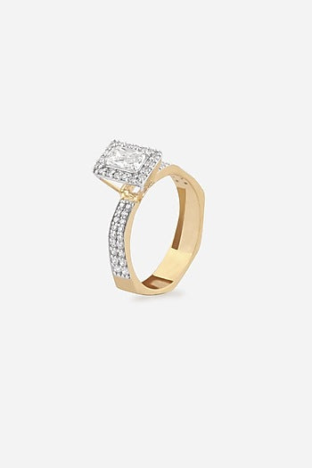18kt Yellow Gold Finish Round & Emerald -Cut Diamond Ring