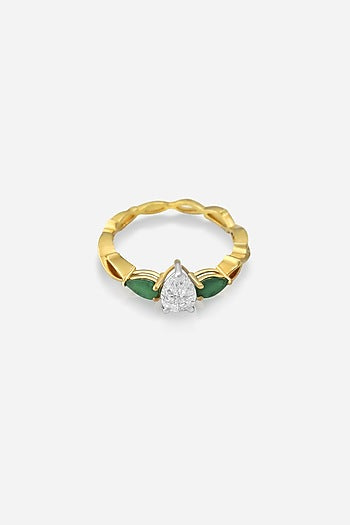 18kt Gold Finish Pear-Shaped Diamond & Emerald Stone Ring