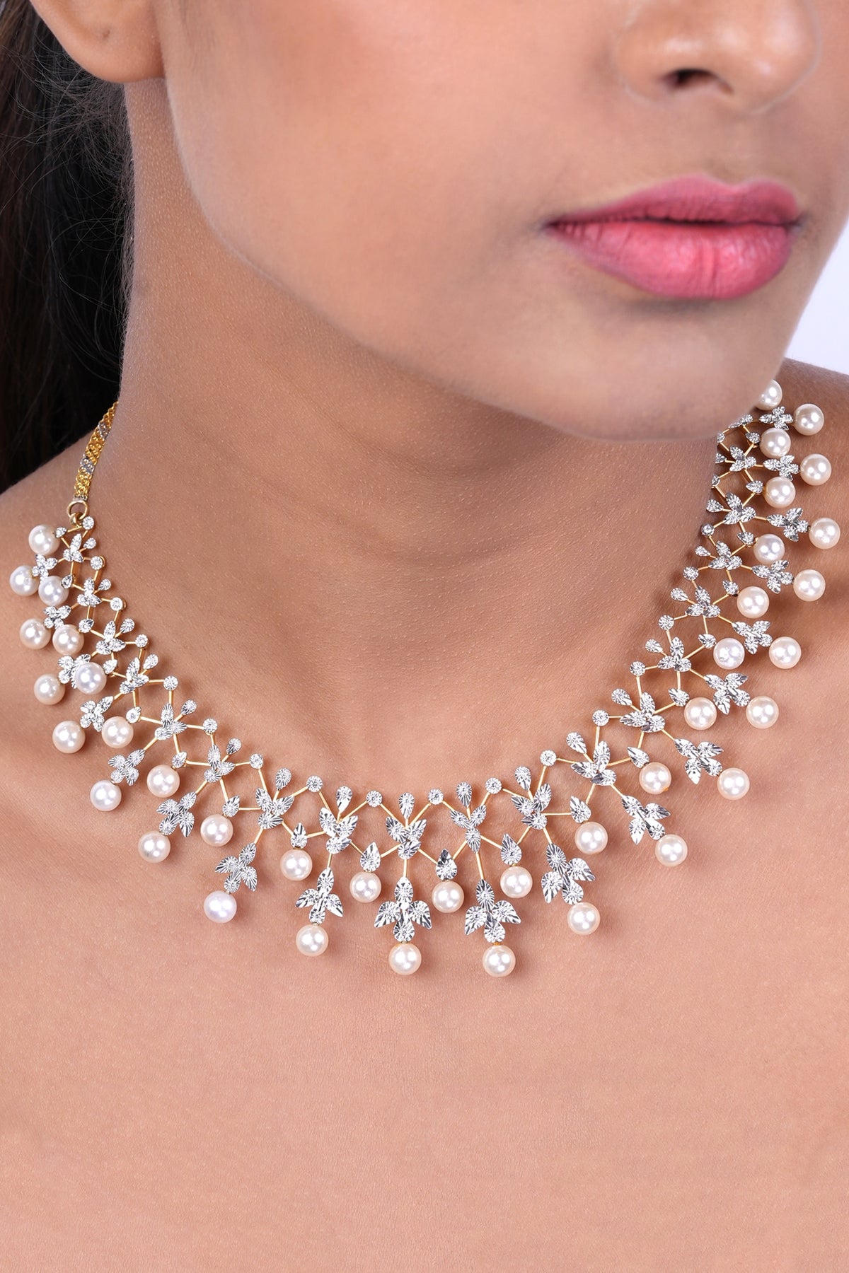 18kt Yellow Gold Finish Diamond & Pearl Necklace