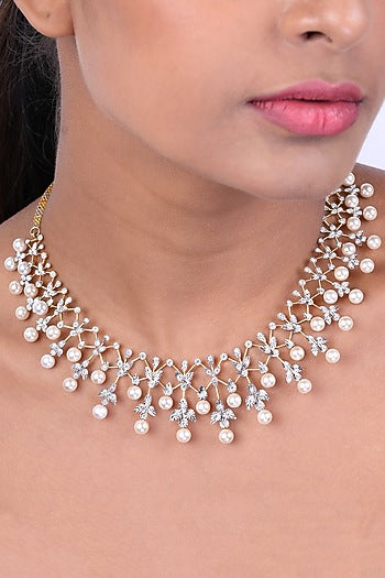 18kt Yellow Gold Finish Diamond & Pearl Necklace