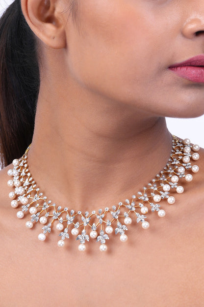 18kt Yellow Gold Finish Diamond & Pearl Necklace