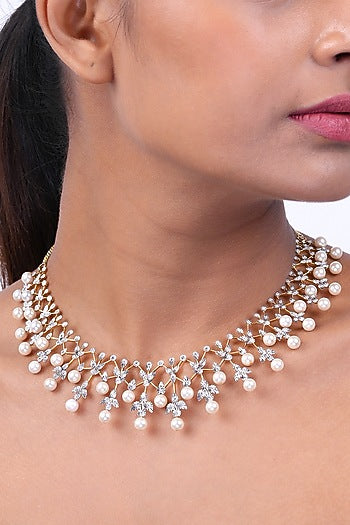 18kt Yellow Gold Finish Diamond & Pearl Necklace