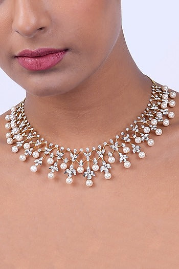 18kt Yellow Gold Finish Diamond & Pearl Necklace