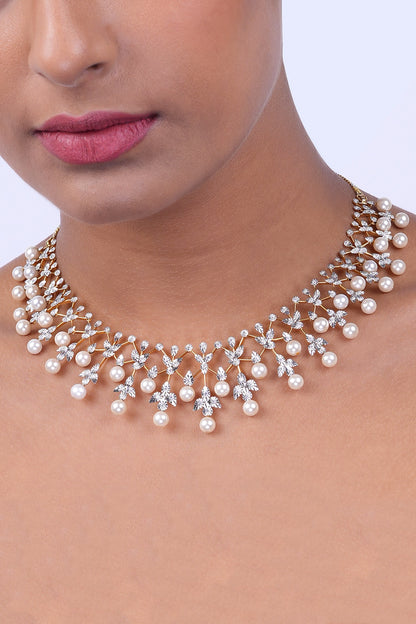 18kt Yellow Gold Finish Diamond & Pearl Necklace