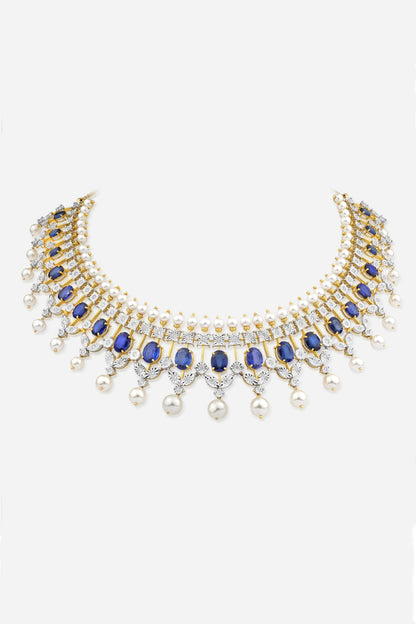 14kt Yellow Gold Finish Blue Gemstone & Diamond Collar Necklace