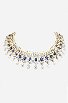 14kt Yellow Gold Finish Blue Gemstone & Diamond Collar Necklace