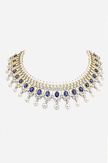 14kt Yellow Gold Finish Blue Gemstone & Diamond Collar Necklace