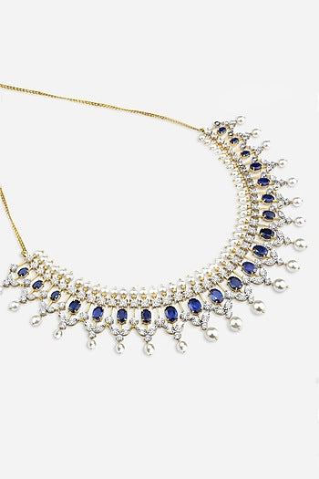 14kt Yellow Gold Finish Blue Gemstone & Diamond Collar Necklace