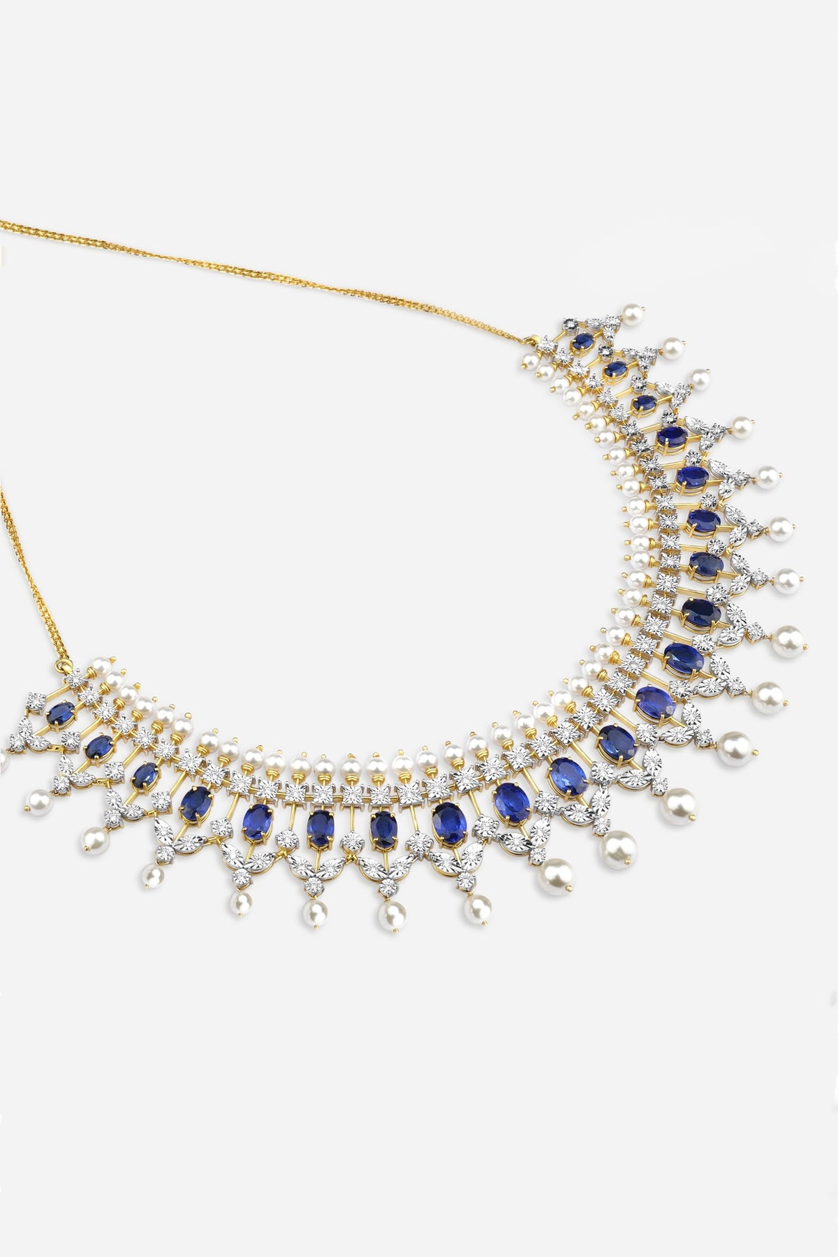 14kt Yellow Gold Finish Blue Gemstone & Diamond Collar Necklace