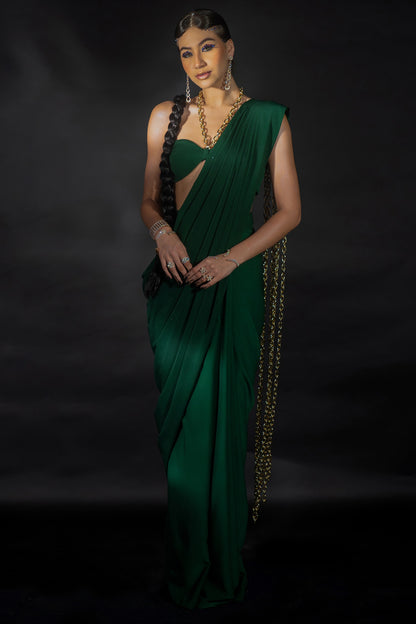 Emerald Green Volvo Gold Chain String Embroidered Pre-Stitched Saree Set