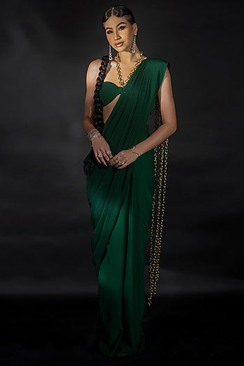 Emerald Green Volvo Gold Chain String Embroidered Pre-Stitched Saree Set
