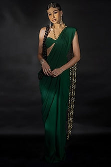 Emerald Green Volvo Gold Chain String Embroidered Pre-Stitched Saree Set