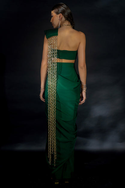 Emerald Green Volvo Gold Chain String Embroidered Pre-Stitched Saree Set