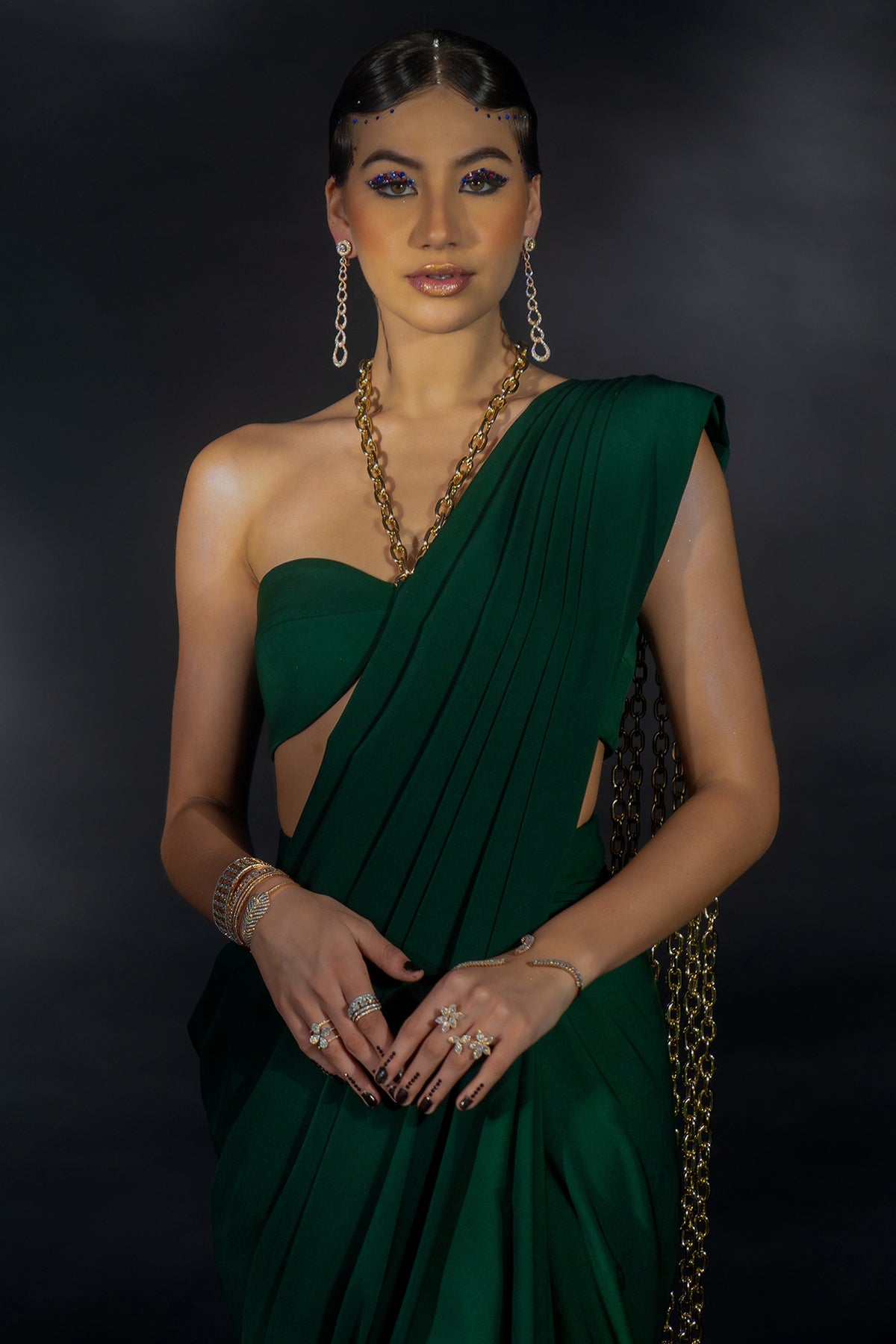Emerald Green Volvo Gold Chain String Embroidered Pre-Stitched Saree Set
