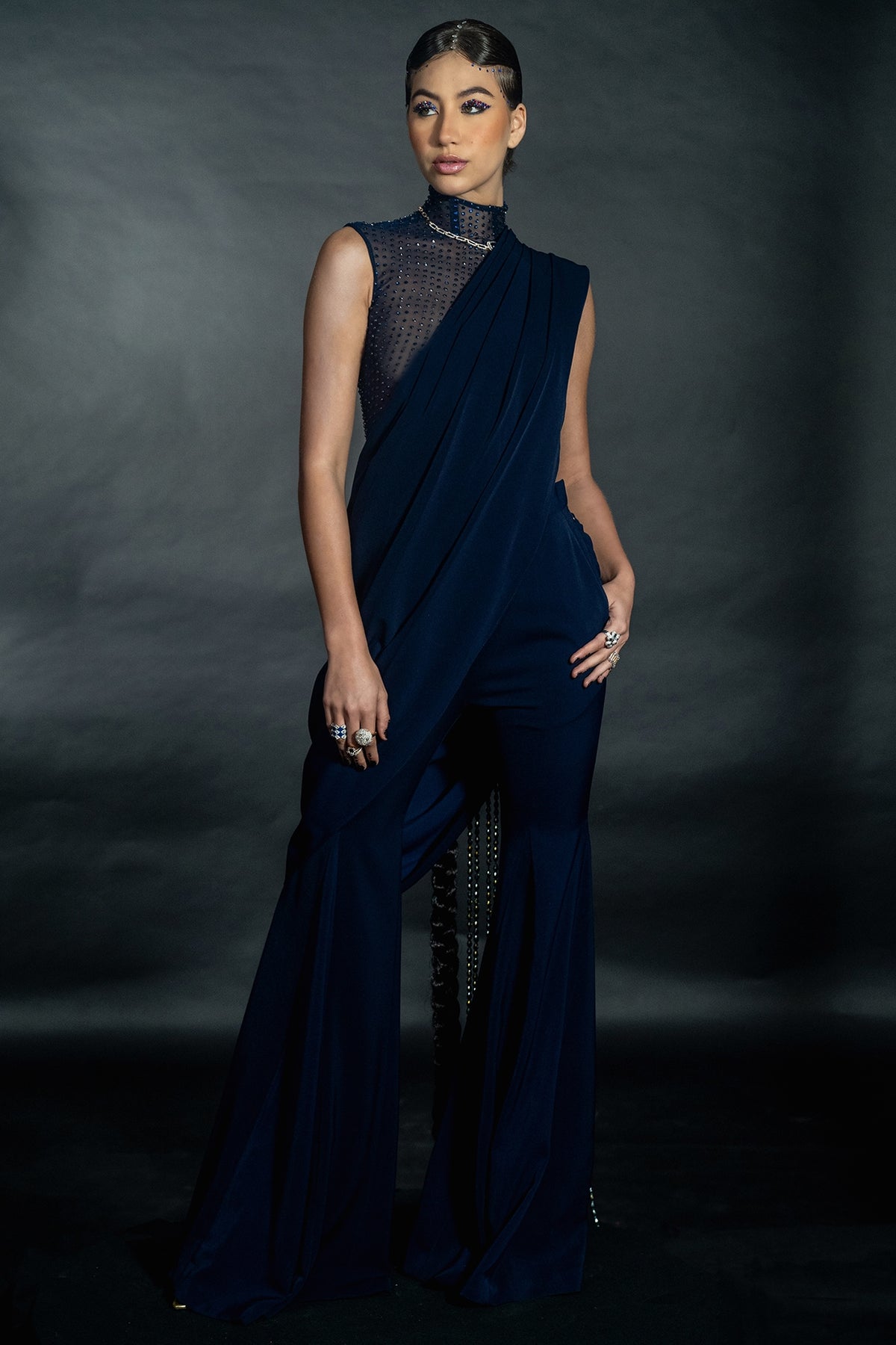 Midnight Blue Volvo Bead String Embroidered Pant Saree Set