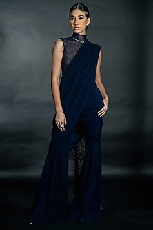 Midnight Blue Volvo Bead String Embroidered Pant Saree Set