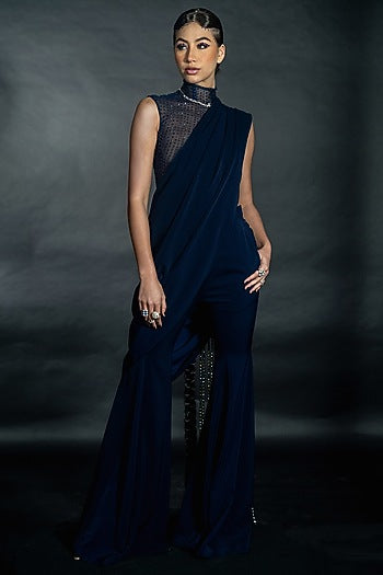 Midnight Blue Volvo Bead String Embroidered Pant Saree Set