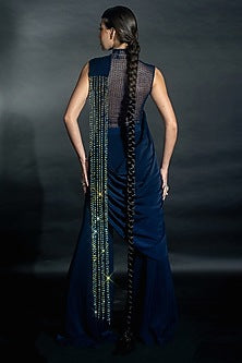 Midnight Blue Volvo Bead String Embroidered Pant Saree Set