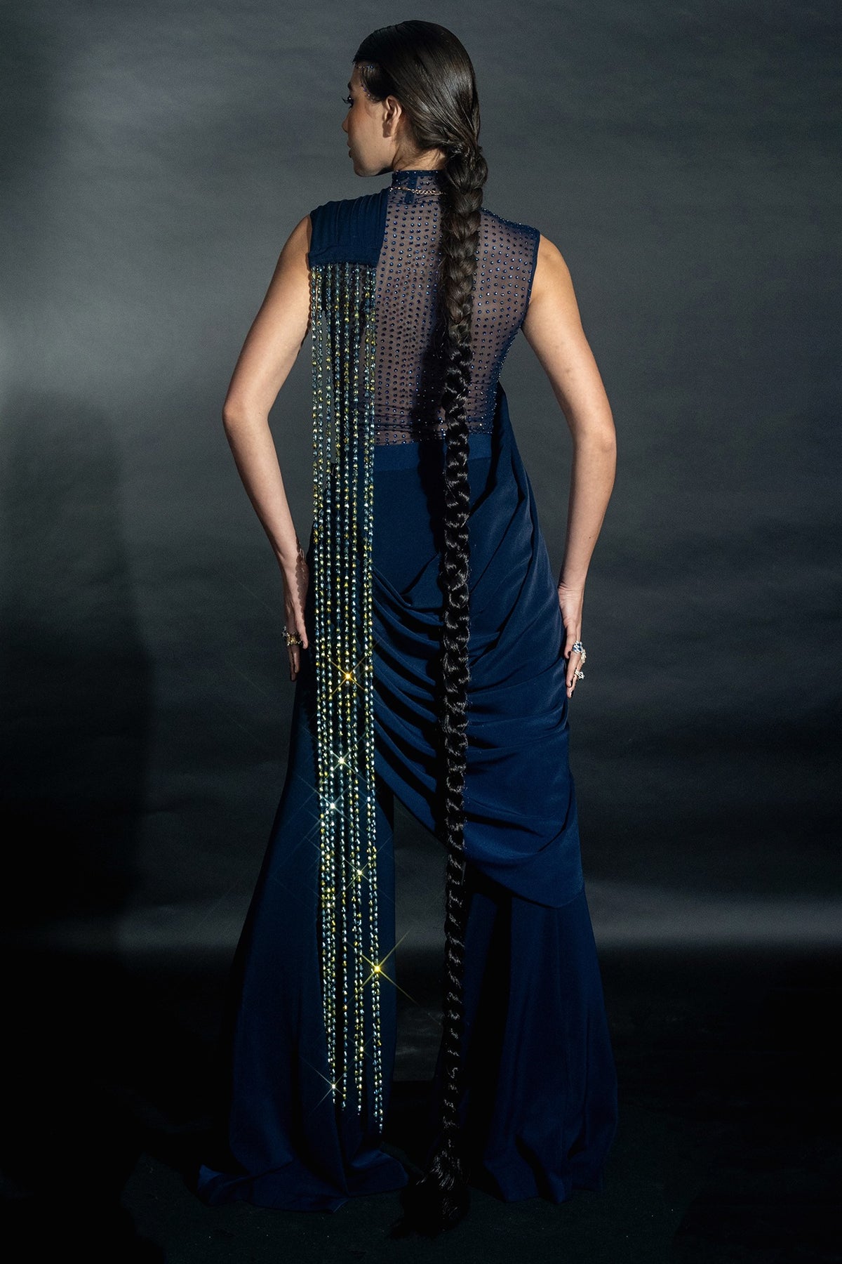 Midnight Blue Volvo Bead String Embroidered Pant Saree Set